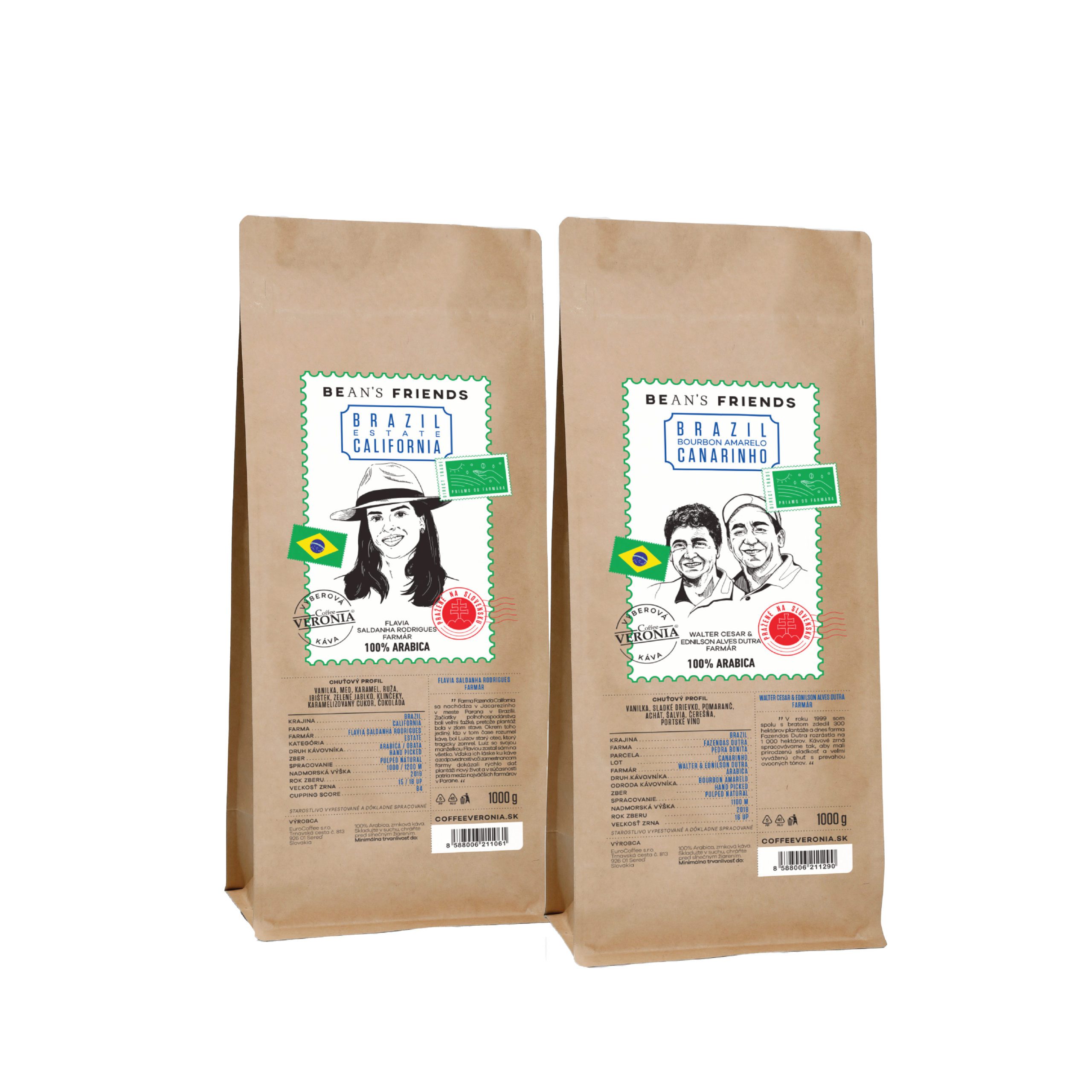 Výhodné balenie 2kg kávy – Zrnková káva Brazil Bourbon Amarelo Canarinho + Zrnková káva Brazil Estate California